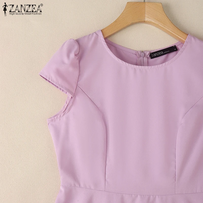 ZANZEA 2025 Summer Sundress Women O-Neck Waisted Dresses Elegant Short Sleeve Pleated Work Vestidos Solid Party Knee-Length Robe