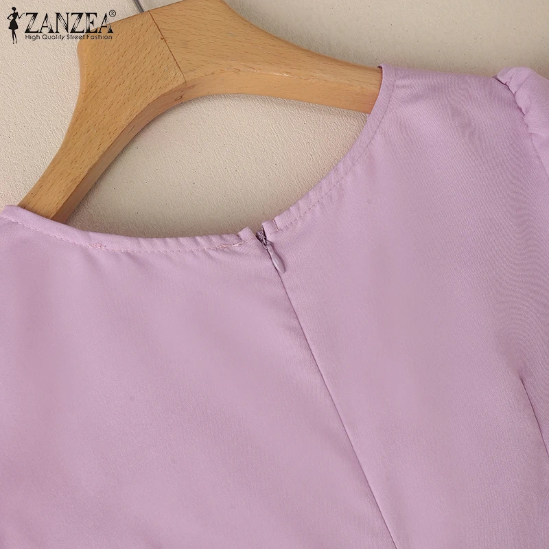 ZANZEA 2025 Summer Sundress Women O-Neck Waisted Dresses Elegant Short Sleeve Pleated Work Vestidos Solid Party Knee-Length Robe