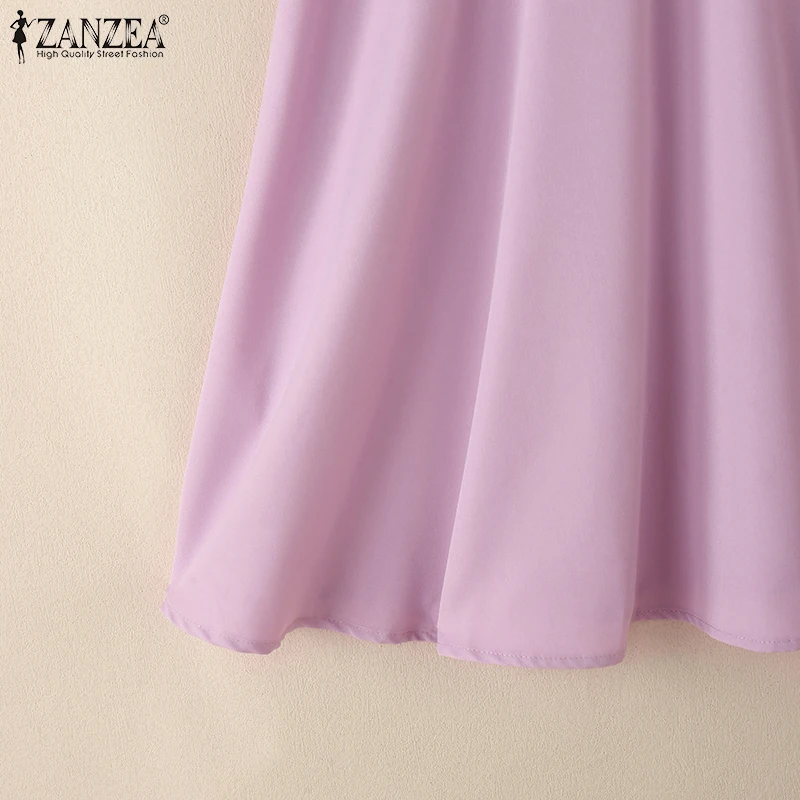 ZANZEA 2025 Summer Sundress Women O-Neck Waisted Dresses Elegant Short Sleeve Pleated Work Vestidos Solid Party Knee-Length Robe