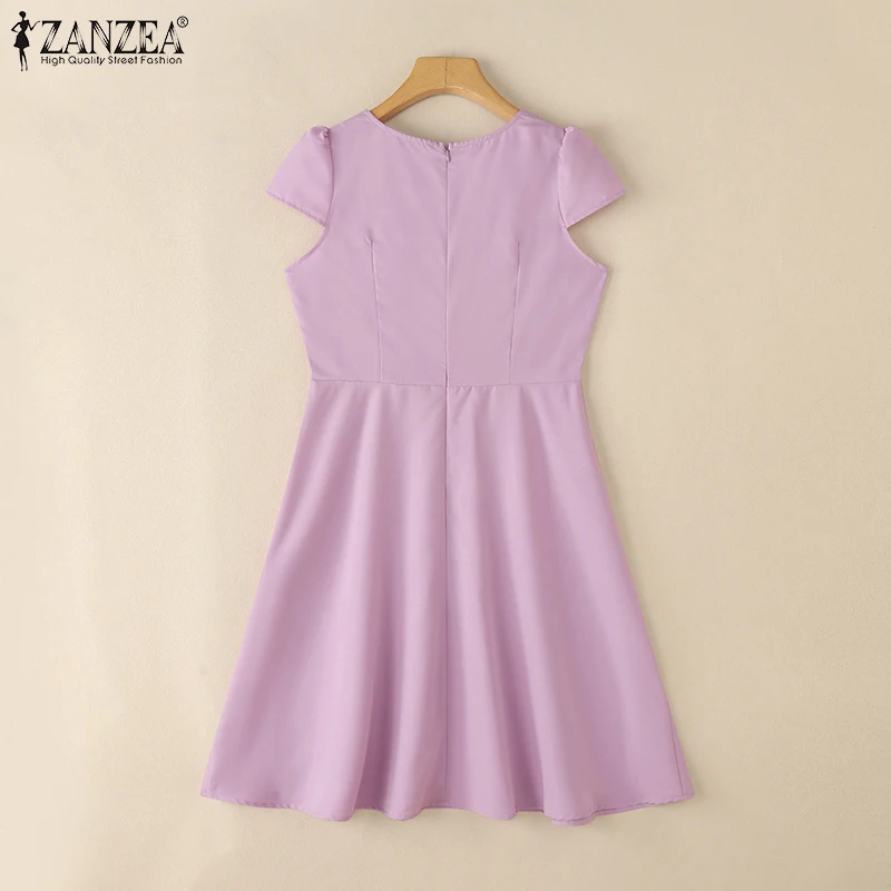 ZANZEA 2025 Summer Sundress Women O-Neck Waisted Dresses Elegant Short Sleeve Pleated Work Vestidos Solid Party Knee-Length Robe