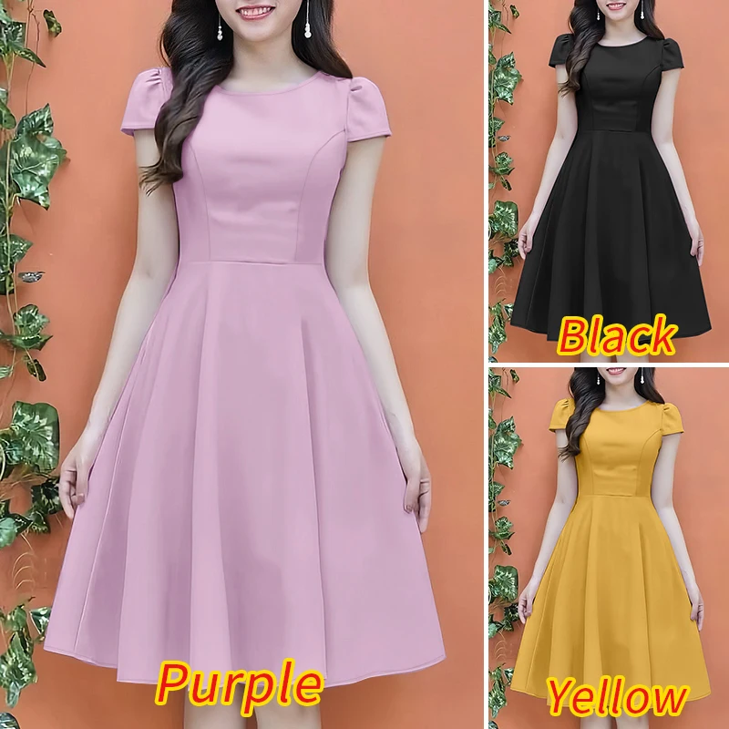 ZANZEA 2025 Summer Sundress Women O-Neck Waisted Dresses Elegant Short Sleeve Pleated Work Vestidos Solid Party Knee-Length Robe