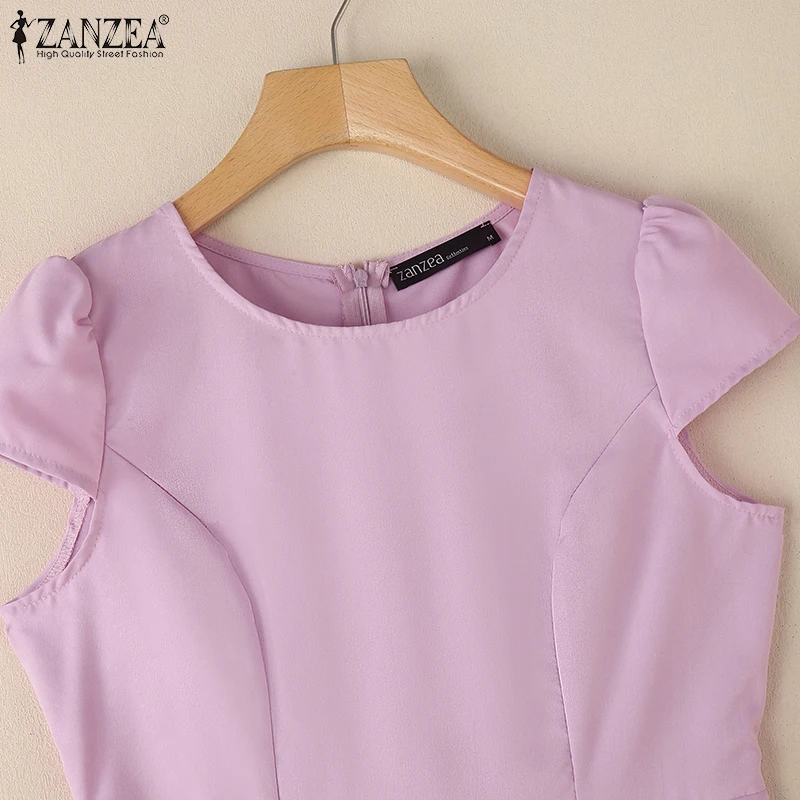 ZANZEA 2025 Summer Sundress Women O-Neck Waisted Dresses Elegant Short Sleeve Pleated Work Vestidos Solid Party Knee-Length Robe