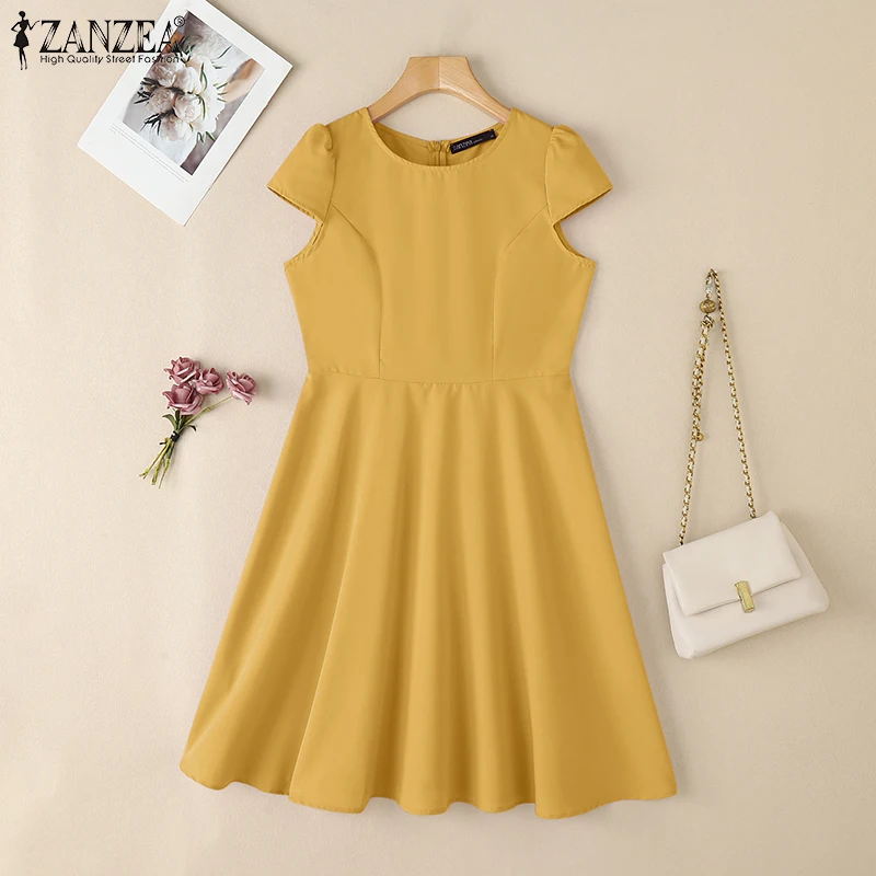 ZANZEA 2025 Summer Sundress Women O-Neck Waisted Dresses Elegant Short Sleeve Pleated Work Vestidos Solid Party Knee-Length Robe