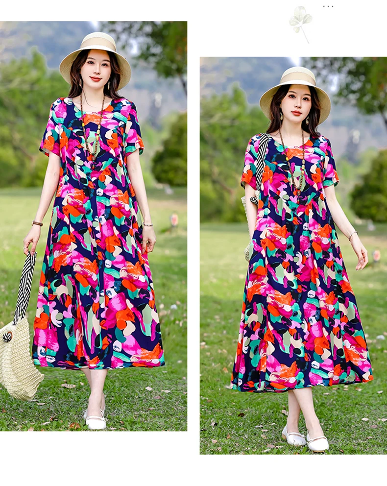 New Print plus size 2026 New Fashion Floral Printed Summer Dress Vestidos Elegant Short Sleeve Slim O-Neck Party Women clothing