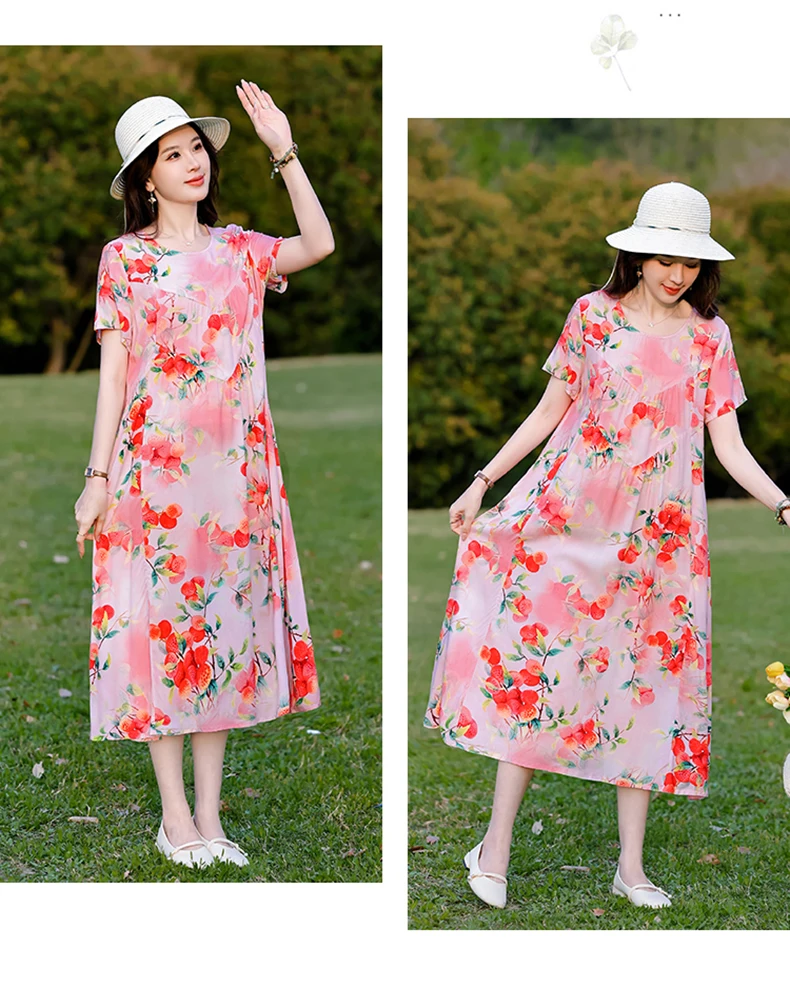 New Print plus size 2026 New Fashion Floral Printed Summer Dress Vestidos Elegant Short Sleeve Slim O-Neck Party Women clothing