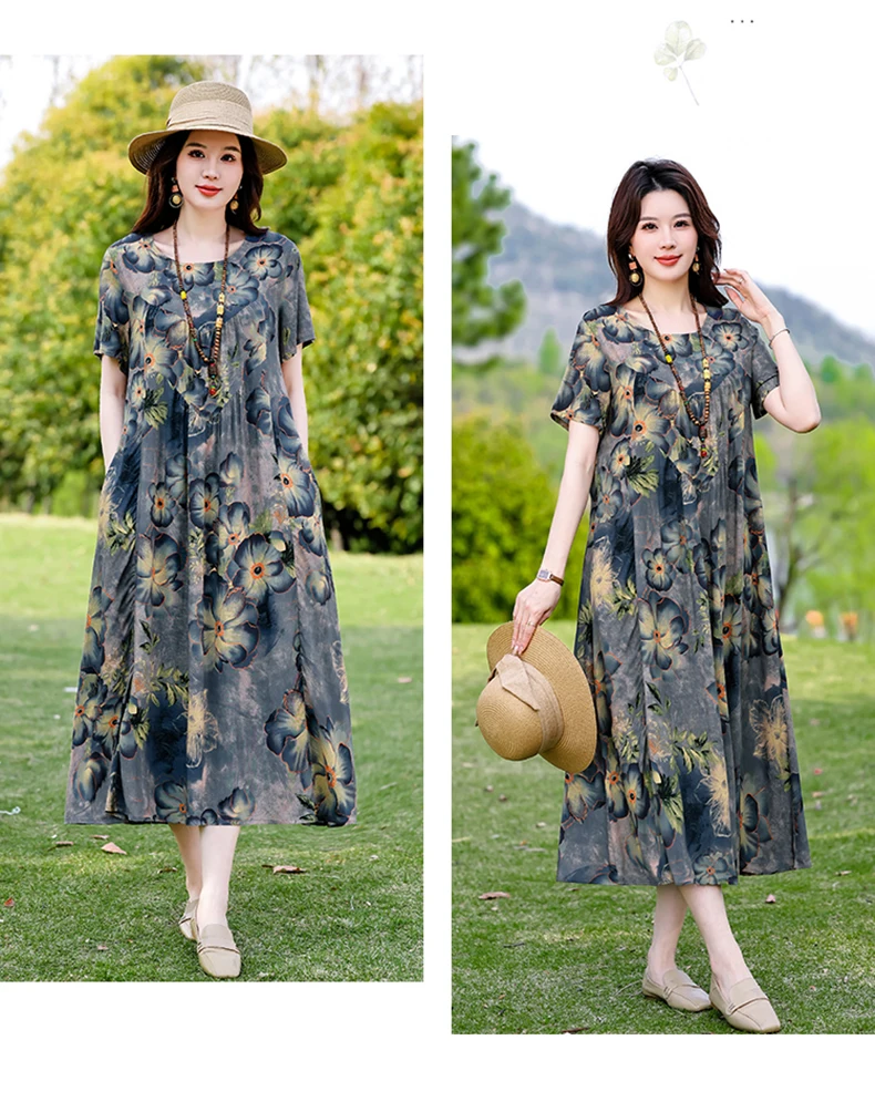 New Print plus size 2026 New Fashion Floral Printed Summer Dress Vestidos Elegant Short Sleeve Slim O-Neck Party Women clothing