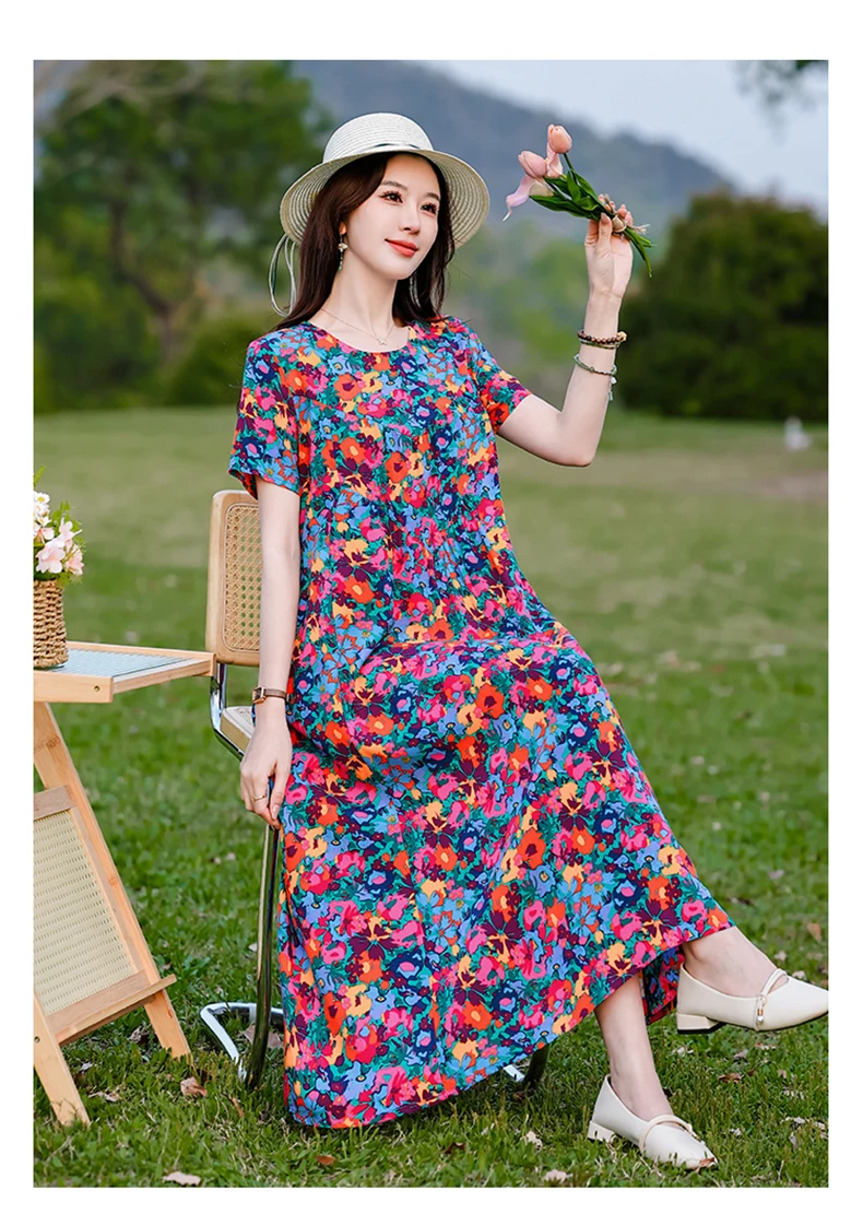 New Print plus size 2026 New Fashion Floral Printed Summer Dress Vestidos Elegant Short Sleeve Slim O-Neck Party Women clothing