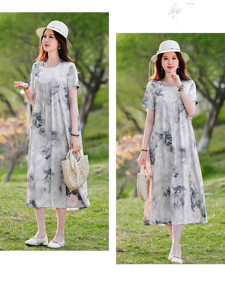 New Print plus size 2026 New Fashion Floral Printed Summer Dress Vestidos Elegant Short Sleeve Slim O-Neck Party Women clothing