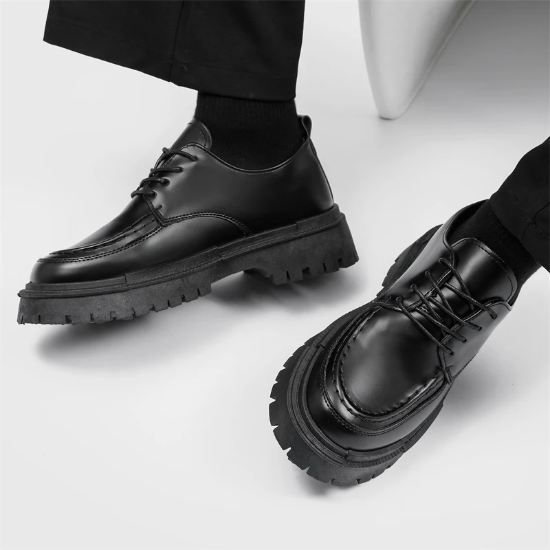 Fashion Thick Sole Leather Shoes Men Casual Shoes Classic Business Men Dress Shoes Breathable Lace-Up Handmade Shoes Moccasins