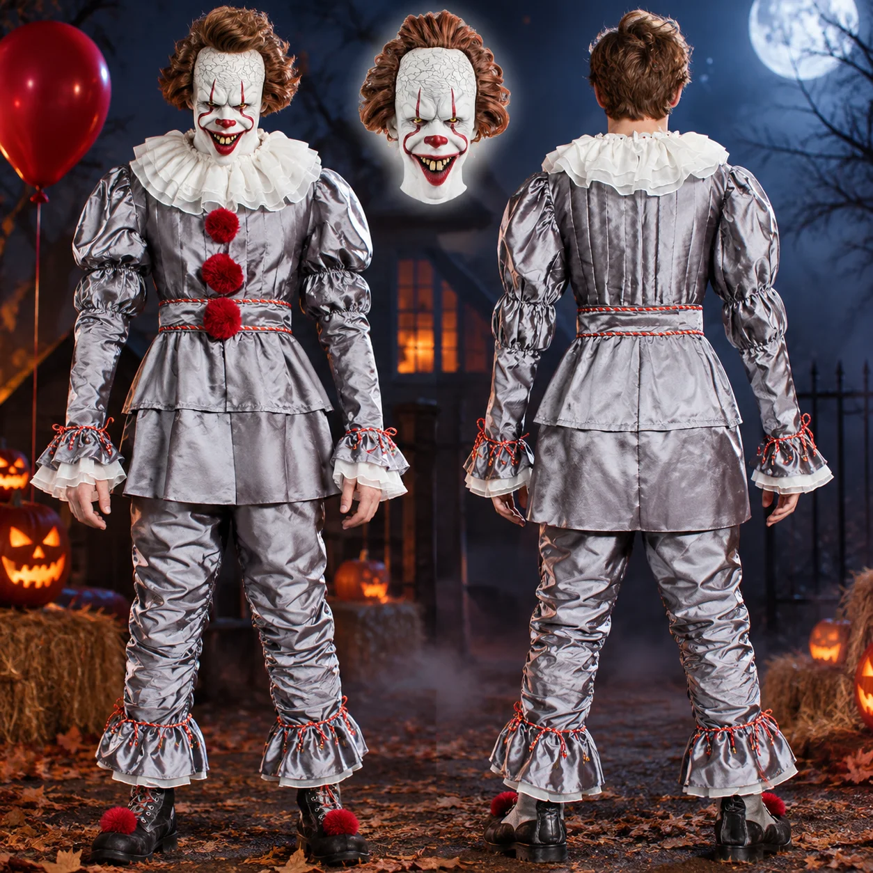 Clown Cosplay Costume Halloween Horror Outfit for Men Women Top Pants Suit Movie Halloween Uniform Outfit Party Performance