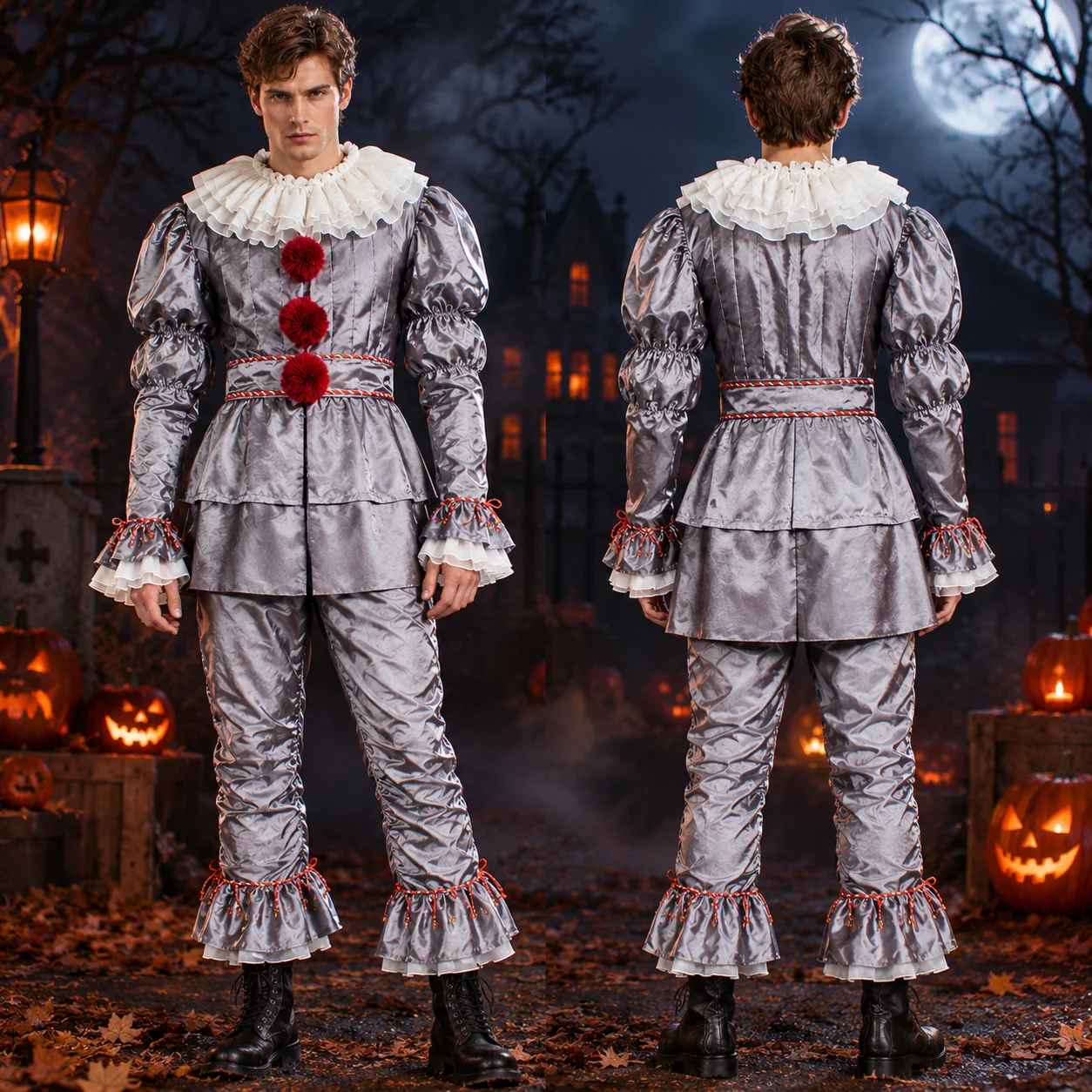 Clown Cosplay Costume Halloween Horror Outfit for Men Women Top Pants Suit Movie Halloween Uniform Outfit Party Performance
