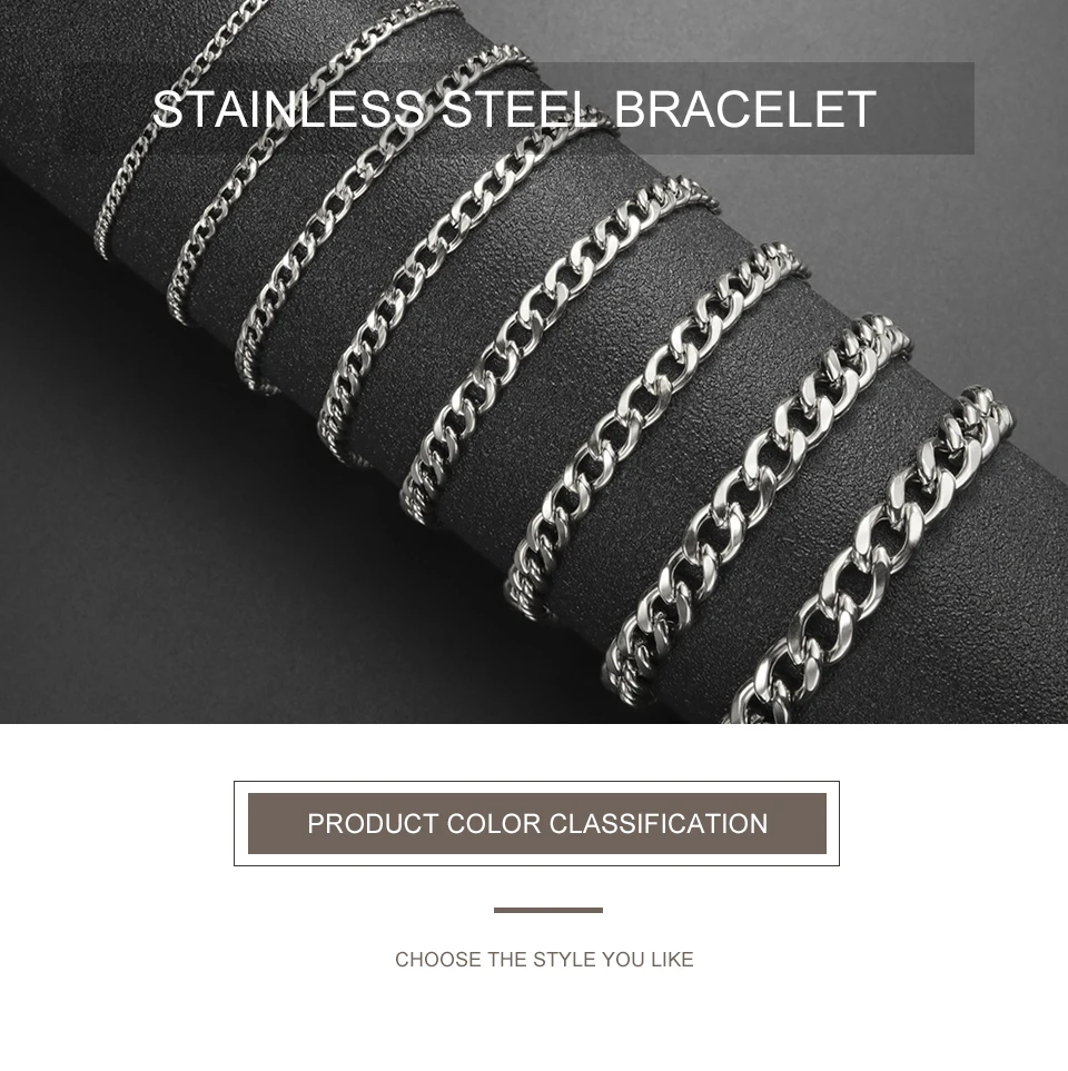 My Shape Fashion Cuban Chain Men Bracelet Stainless Steel 3/5/7/9mm Width Chain Bracelets Figaro Chain Wrist Jewelry Couple
