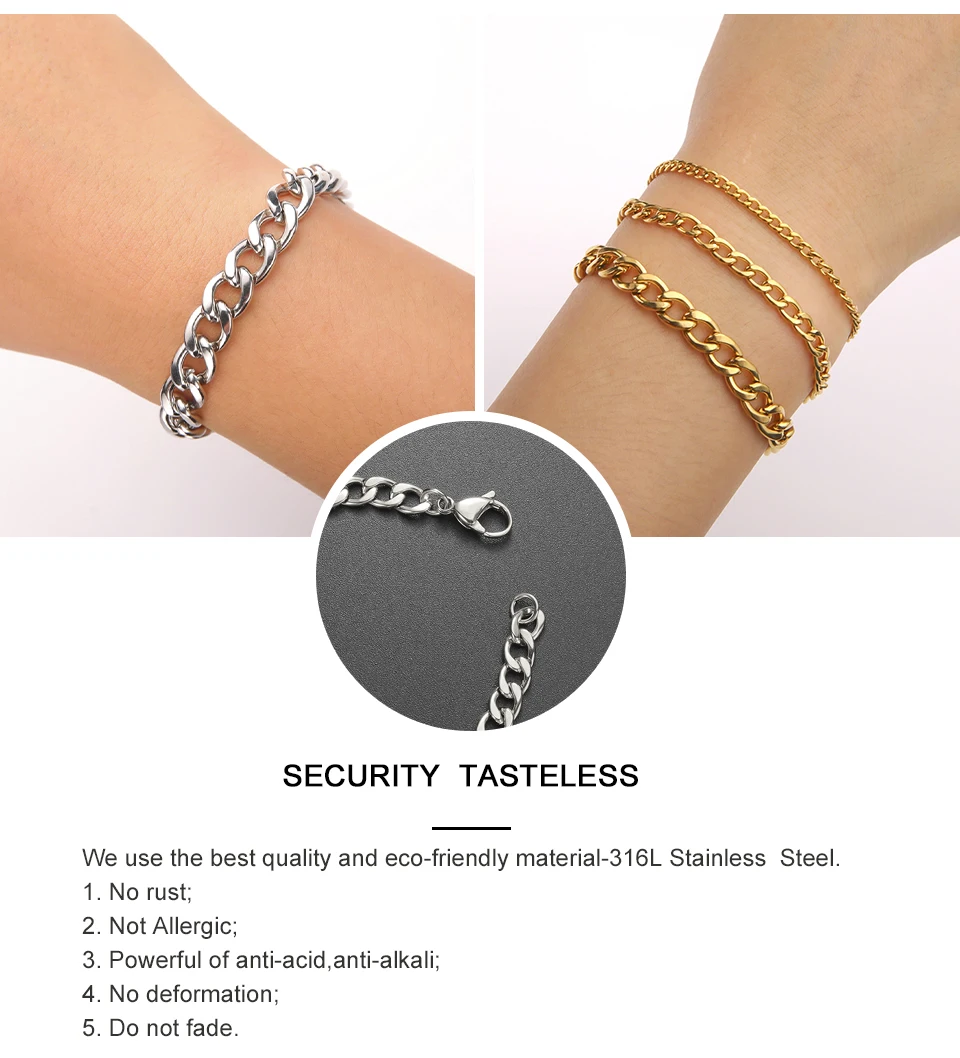 My Shape Fashion Cuban Chain Men Bracelet Stainless Steel 3/5/7/9mm Width Chain Bracelets Figaro Chain Wrist Jewelry Couple