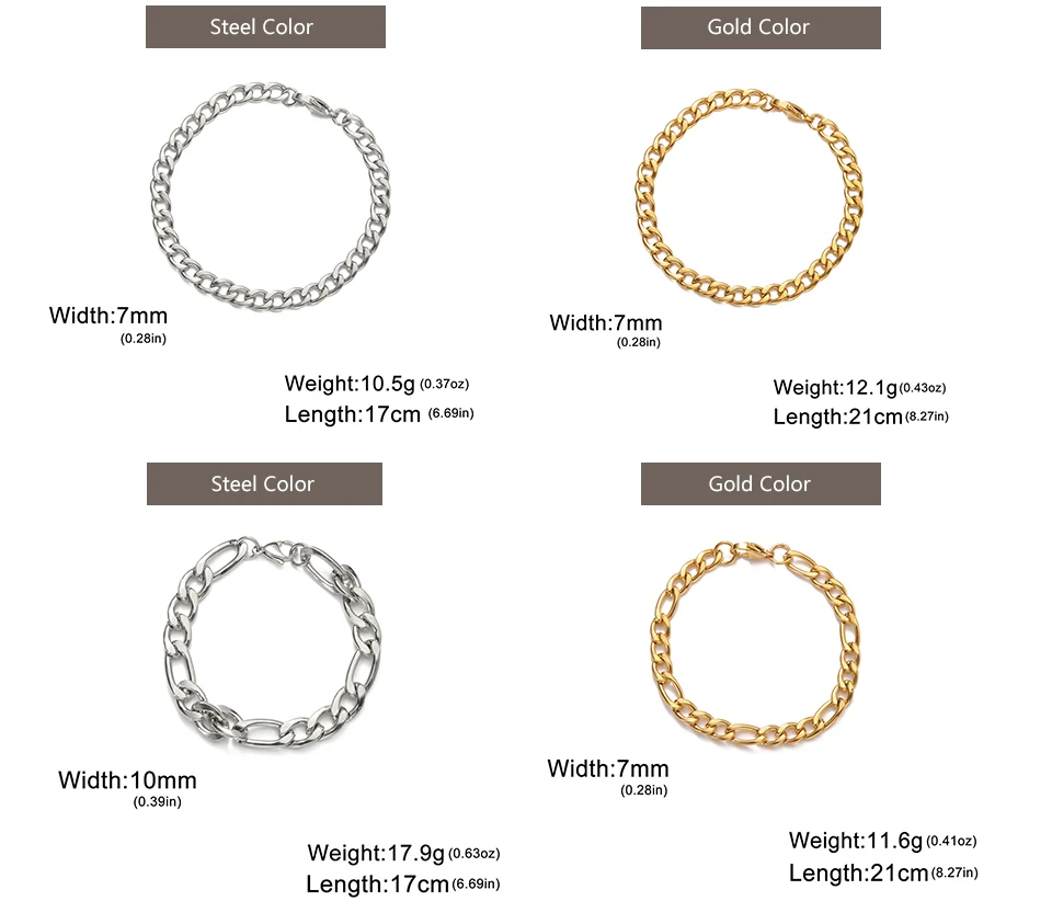 My Shape Fashion Cuban Chain Men Bracelet Stainless Steel 3/5/7/9mm Width Chain Bracelets Figaro Chain Wrist Jewelry Couple