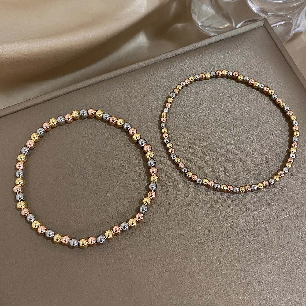 Greatera 3/4mm Stainless Steel Beads Elastic Bracelets for Women Gold Plated Tricolor Beaded Chain Bracelet Waterproof Jewelry