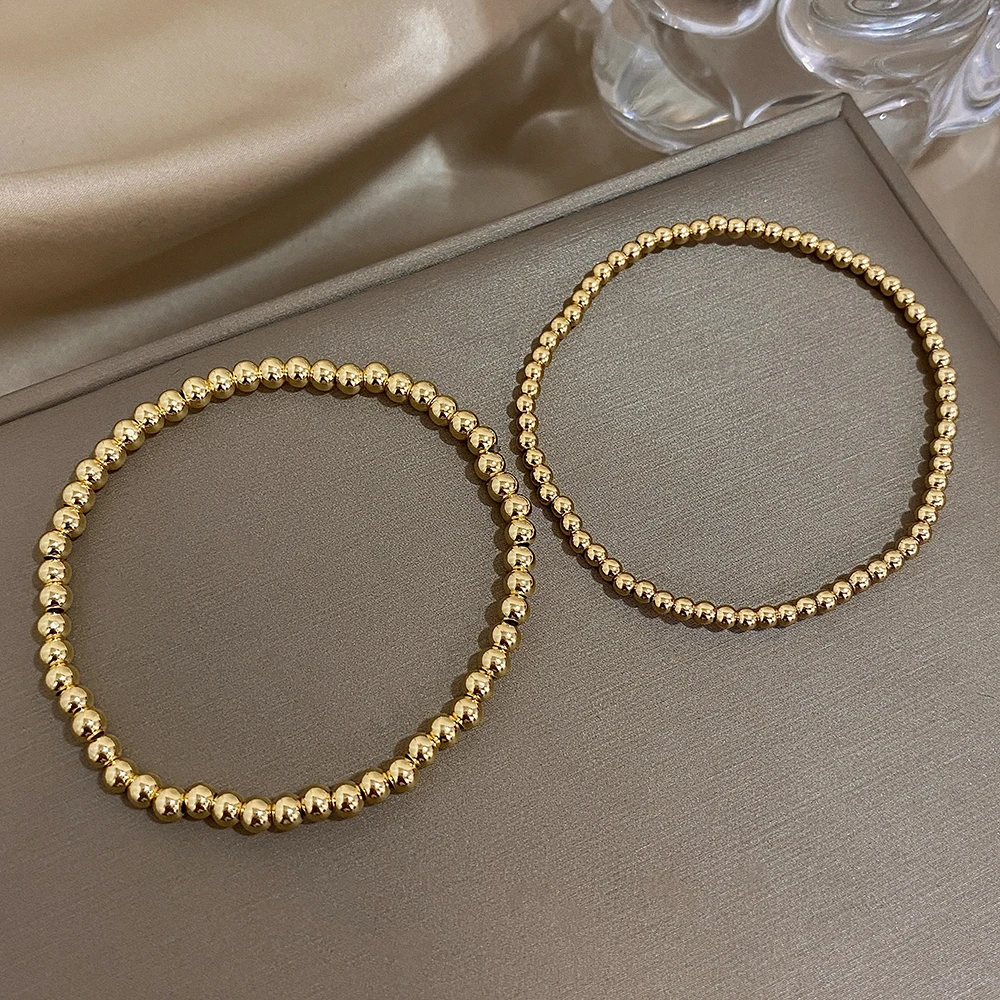 Greatera 3/4mm Stainless Steel Beads Elastic Bracelets for Women Gold Plated Tricolor Beaded Chain Bracelet Waterproof Jewelry
