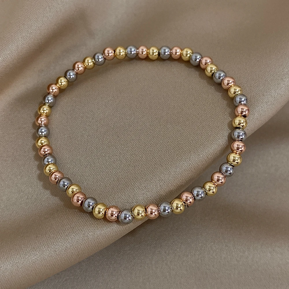 Greatera 3/4mm Stainless Steel Beads Elastic Bracelets for Women Gold Plated Tricolor Beaded Chain Bracelet Waterproof Jewelry