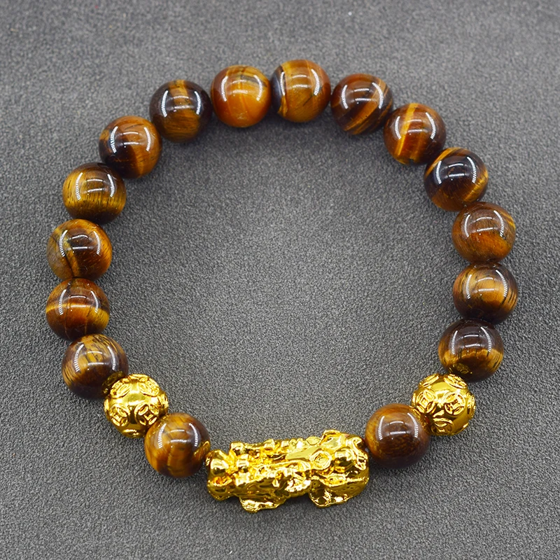Pixiu Bracelet Feng Shui Wealth and Good Luck Bracelet Homme Wristband Gold Color Obisidian Stone Beads Black Six Character Gift