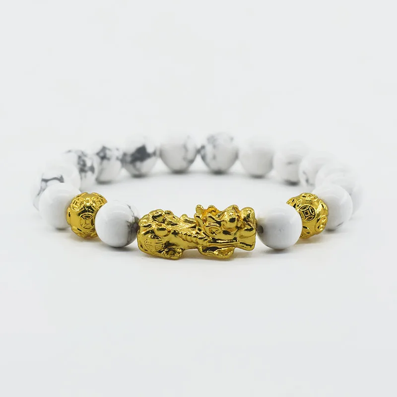 Pixiu Bracelet Feng Shui Wealth and Good Luck Bracelet Homme Wristband Gold Color Obisidian Stone Beads Black Six Character Gift