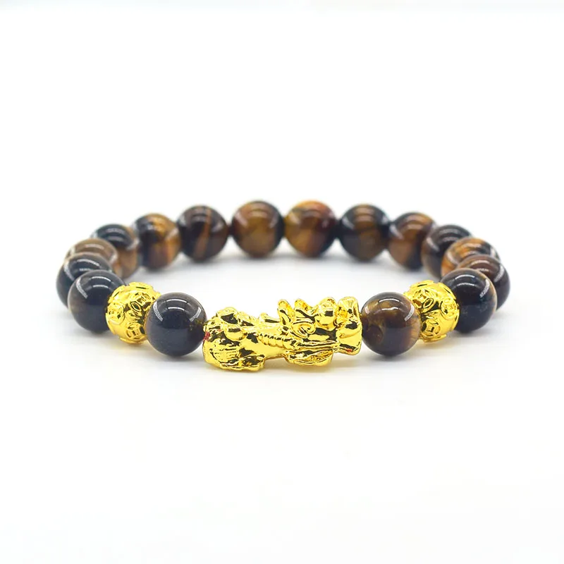 Pixiu Bracelet Feng Shui Wealth and Good Luck Bracelet Homme Wristband Gold Color Obisidian Stone Beads Black Six Character Gift