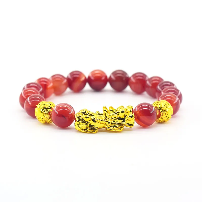 Pixiu Bracelet Feng Shui Wealth and Good Luck Bracelet Homme Wristband Gold Color Obisidian Stone Beads Black Six Character Gift