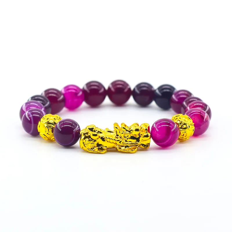 Pixiu Bracelet Feng Shui Wealth and Good Luck Bracelet Homme Wristband Gold Color Obisidian Stone Beads Black Six Character Gift