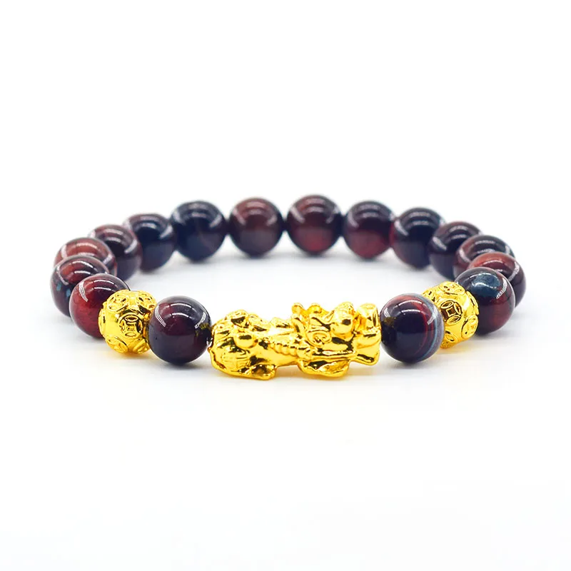Pixiu Bracelet Feng Shui Wealth and Good Luck Bracelet Homme Wristband Gold Color Obisidian Stone Beads Black Six Character Gift
