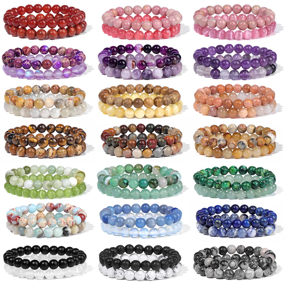 2Pcs Colorful Natural Stone Bead Bracelet Set 8MM Natural Agates Turquois Amethysts Quartzs Gem Stretch Bangle Jewelry Gift