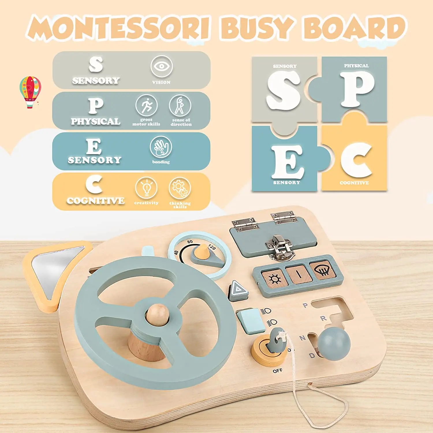 Montessori Toy Steering Wheel Wooden Busy Board Wooden Sensory Toys for Toddlers Preschool Travel Learning Activities