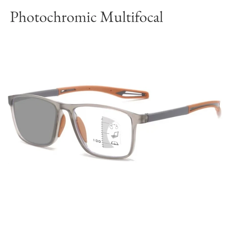 TR90 Photochromic Multifocal Reading Glasses Men Women Blue Light Blocking Progressive Eyewear Near Far Sunglasses for Sports