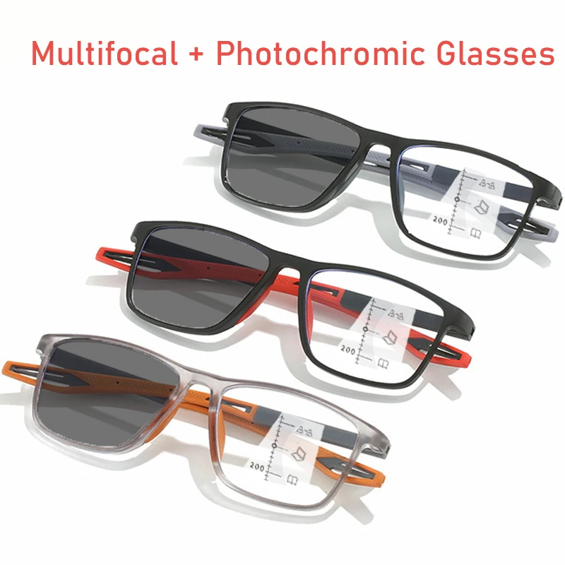 TR90 Photochromic Multifocal Reading Glasses Men Women Blue Light Blocking Progressive Eyewear Near Far Sunglasses for Sports
