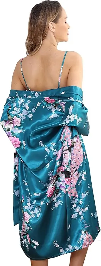 Women's Floral Satin Kimono Robe and Nightgown Set with Camisole 2 Piece Sleepwear Peacock Bathrobe