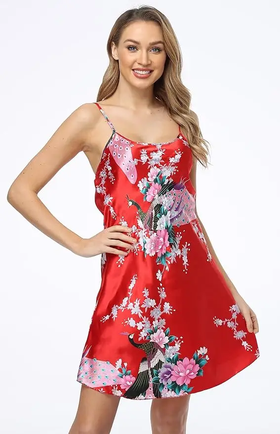 Women's Floral Satin Kimono Robe and Nightgown Set with Camisole 2 Piece Sleepwear Peacock Bathrobe