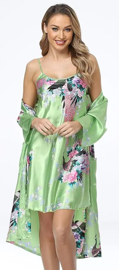 Women's Floral Satin Kimono Robe and Nightgown Set with Camisole 2 Piece Sleepwear Peacock Bathrobe