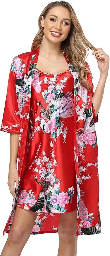 Women's Floral Satin Kimono Robe and Nightgown Set with Camisole 2 Piece Sleepwear Peacock Bathrobe