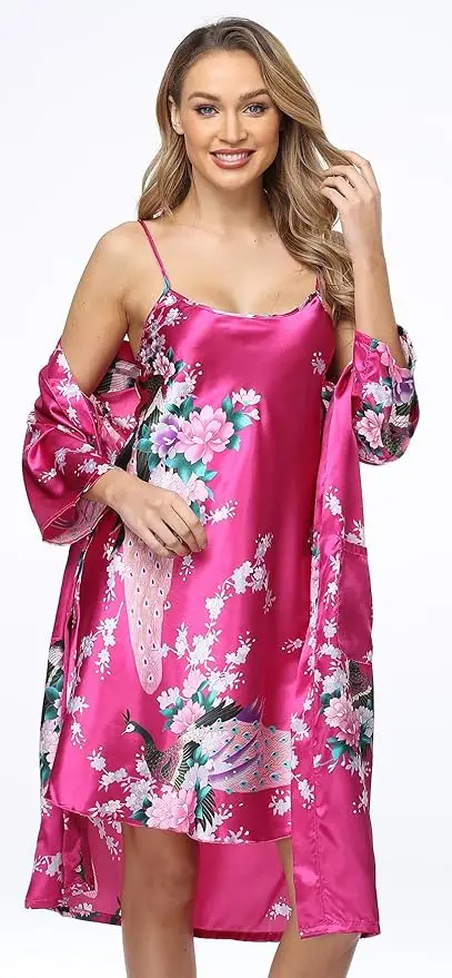 Women's Floral Satin Kimono Robe and Nightgown Set with Camisole 2 Piece Sleepwear Peacock Bathrobe