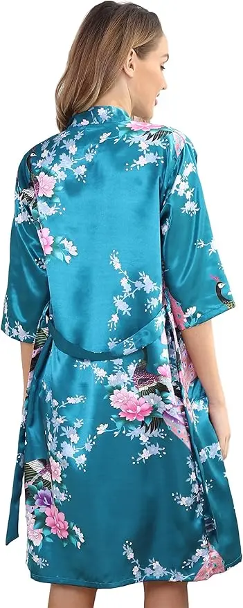 Women's Floral Satin Kimono Robe and Nightgown Set with Camisole 2 Piece Sleepwear Peacock Bathrobe
