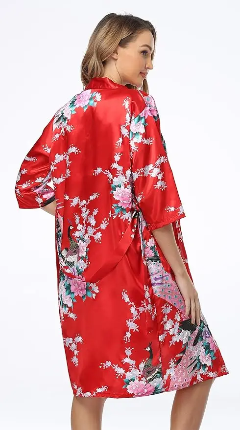 Women's Floral Satin Kimono Robe and Nightgown Set with Camisole 2 Piece Sleepwear Peacock Bathrobe