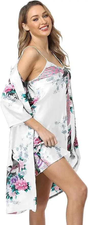 Women's Floral Satin Kimono Robe and Nightgown Set with Camisole 2 Piece Sleepwear Peacock Bathrobe