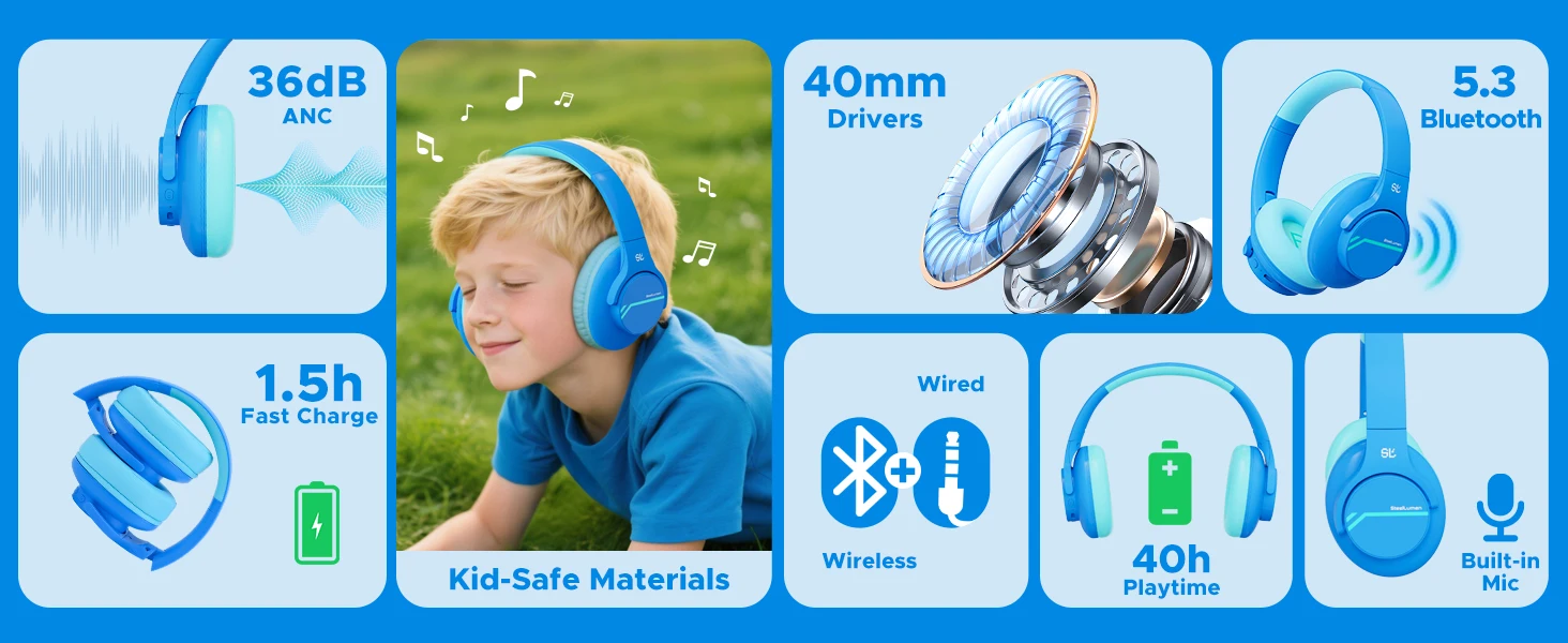 ANC Kids Wireless Headphones Noise Cancelling Bluetooth Earphones For School Travel Soundproof Headset Kids Protection Hearing