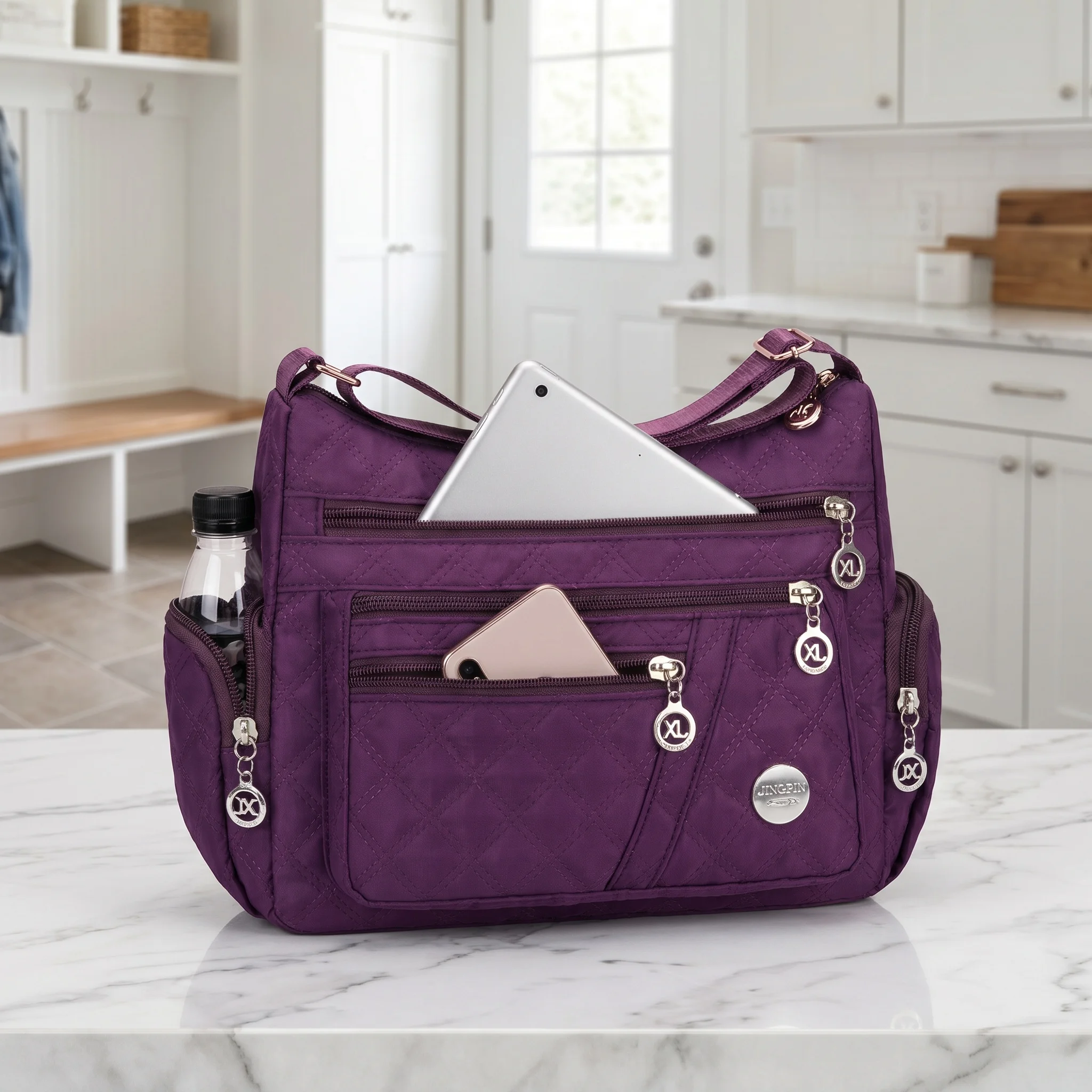 Pomelo Best Quilted Nylon Women Crossbody Shoulder Bag Multi Pockets with Adjustable Strap for Daily Travel