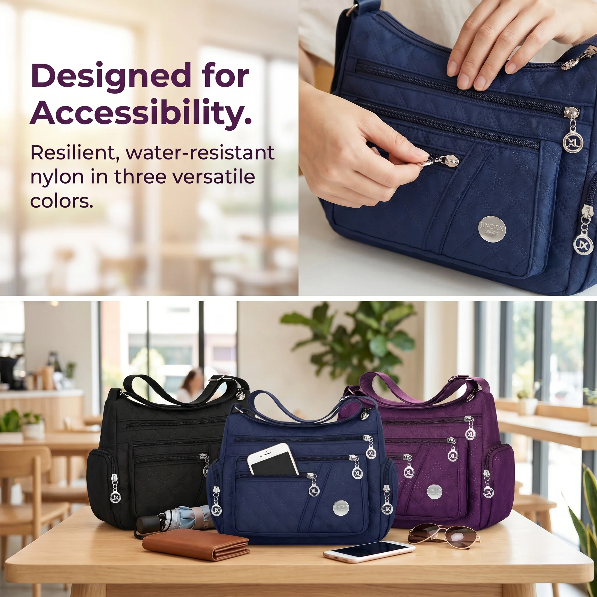 Pomelo Best Quilted Nylon Women Crossbody Shoulder Bag Multi Pockets with Adjustable Strap for Daily Travel