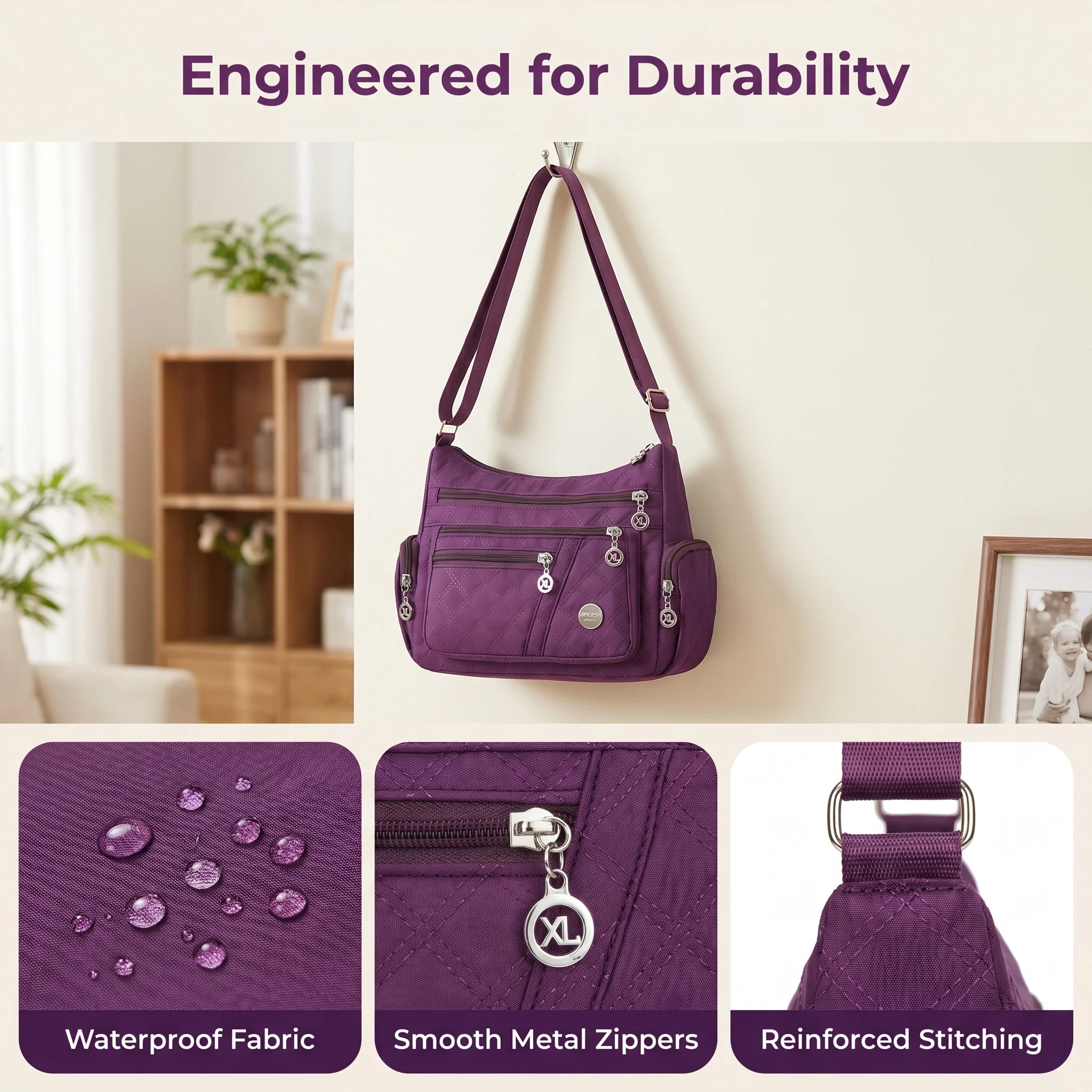Pomelo Best Quilted Nylon Women Crossbody Shoulder Bag Multi Pockets with Adjustable Strap for Daily Travel