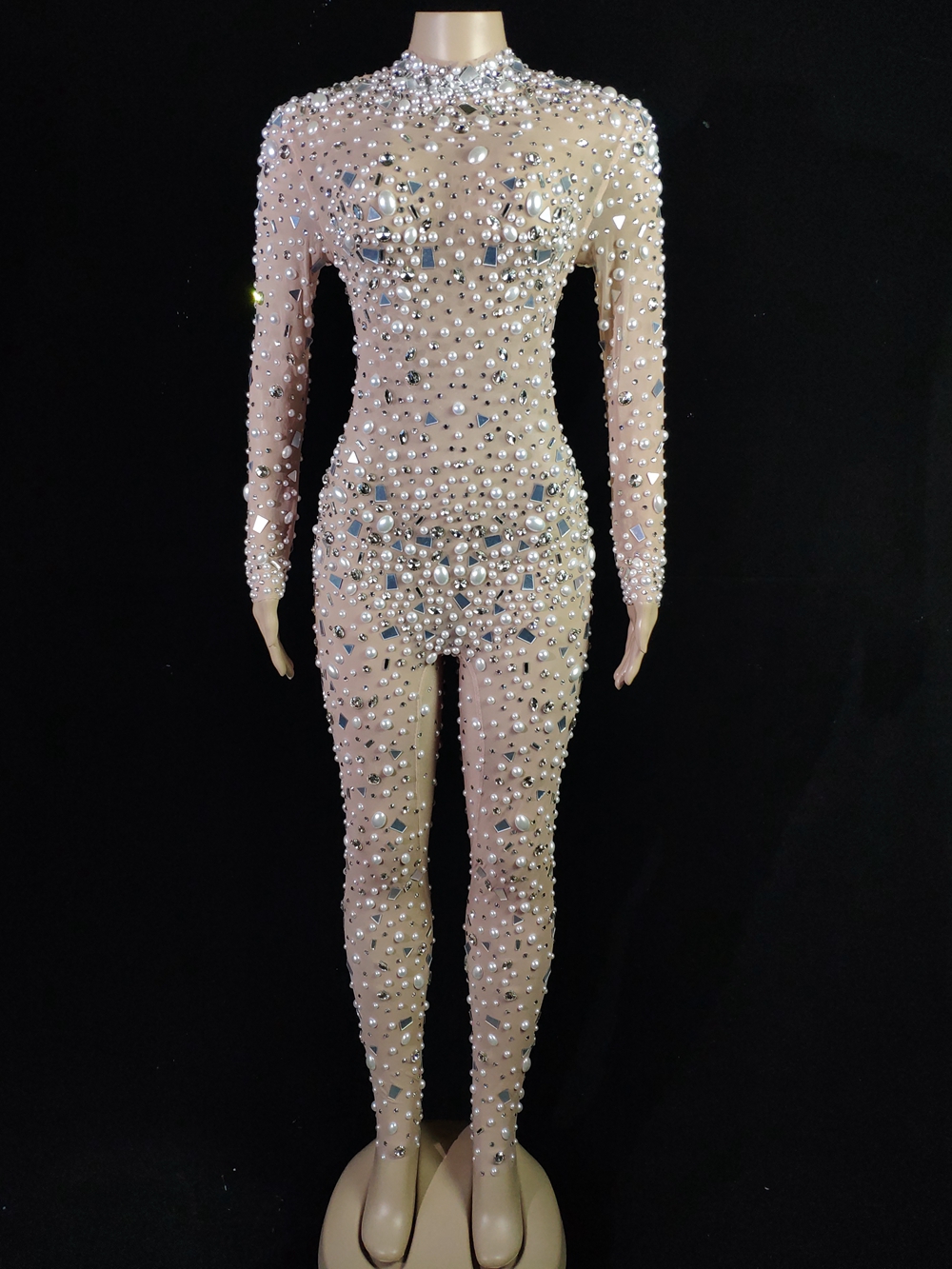 Luxury Pearls Mirrors Rhinestones Mesh Transparent Jumpsuit Gloves Lady Evening Prom Party Birthday Celebrate Outfit Stage Wear