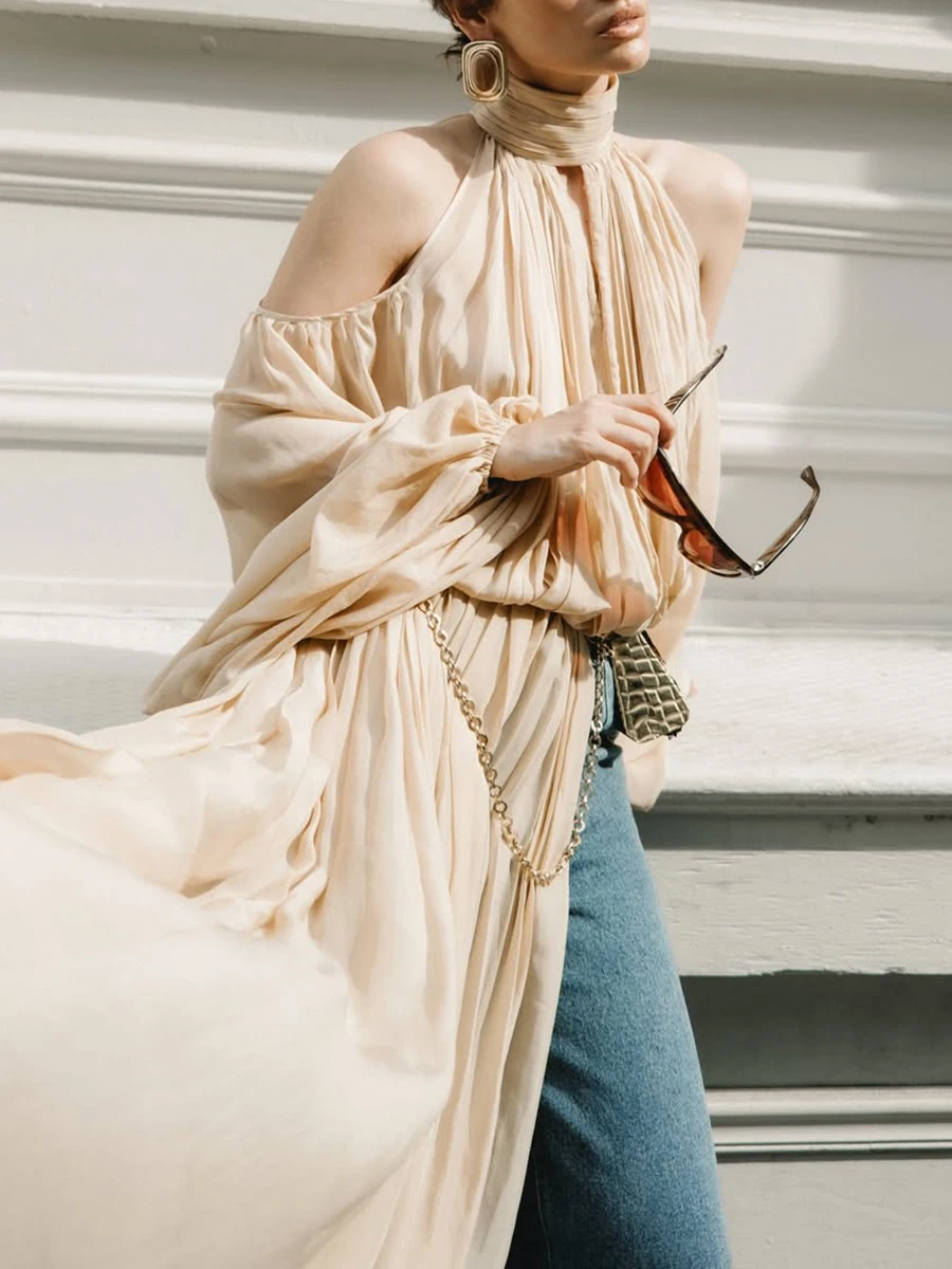 TWOTWINSTYLE Fashion Apricot Turtleneck Ruched Accent Blouse for Women Off The Shoulder Oversized Sleeve Top for Street Style