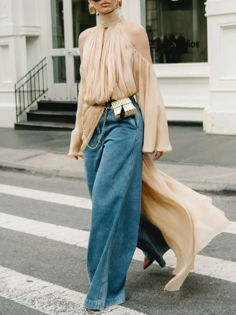 TWOTWINSTYLE Fashion Apricot Turtleneck Ruched Accent Blouse for Women Off The Shoulder Oversized Sleeve Top for Street Style