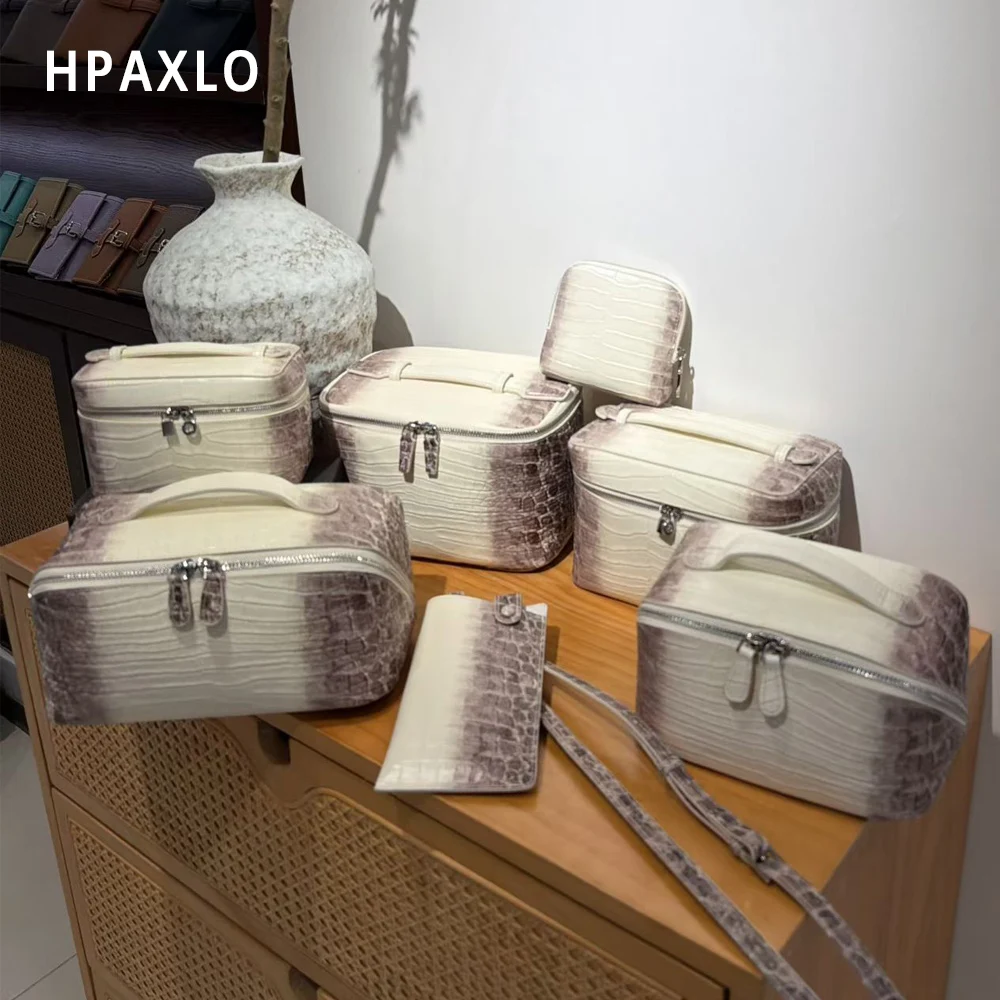 New Himalayan Color Makeup Bag Set with First Letter Embossing Genuine Leather Crocodile Texture Cosmetic Storage Case Make Up