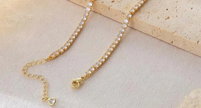 Tennis Bracelet Necklace Women 14K Gold/Silver Plated Rhinestone Choker Necklace Dainty Cubic Zirconia Cut Faux Diamond Chain