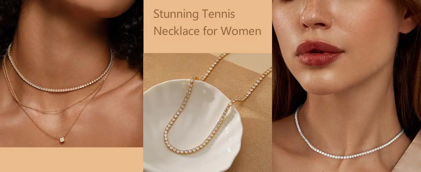 Tennis Bracelet Necklace Women 14K Gold/Silver Plated Rhinestone Choker Necklace Dainty Cubic Zirconia Cut Faux Diamond Chain