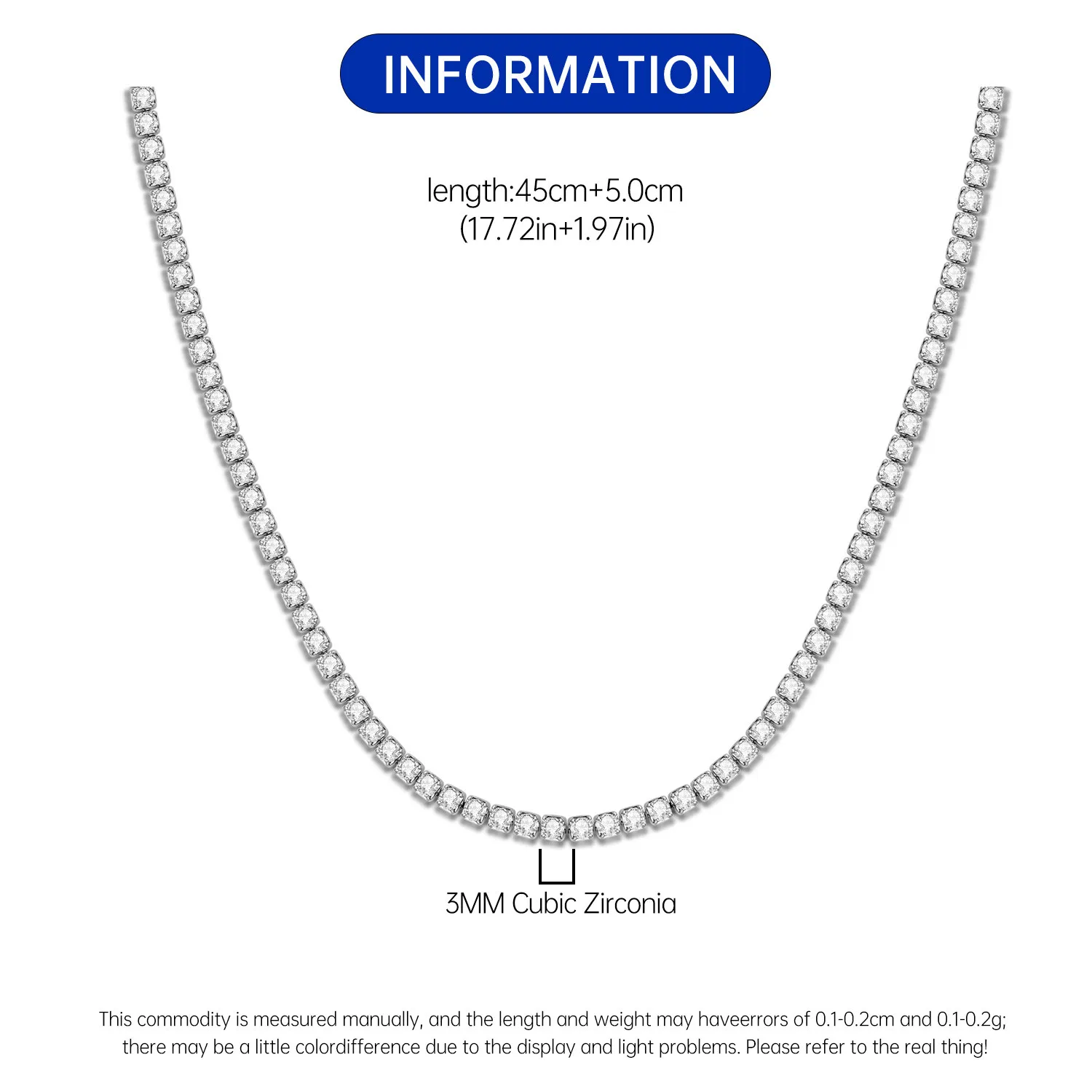 Orstarry S925 Sterling Silver Necklace Tennis Chain Necklace 2mm & 3mm Cubic Zirconia for Women Exquisite Jewelry Birthday Gift